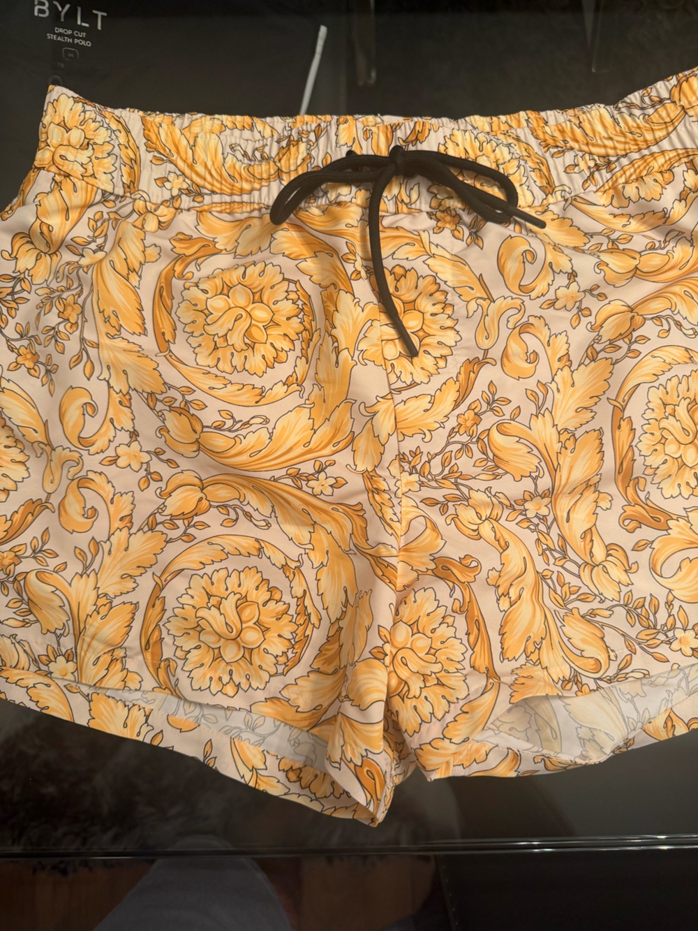 Versace Gold and Cream Baroque Print swim trunks